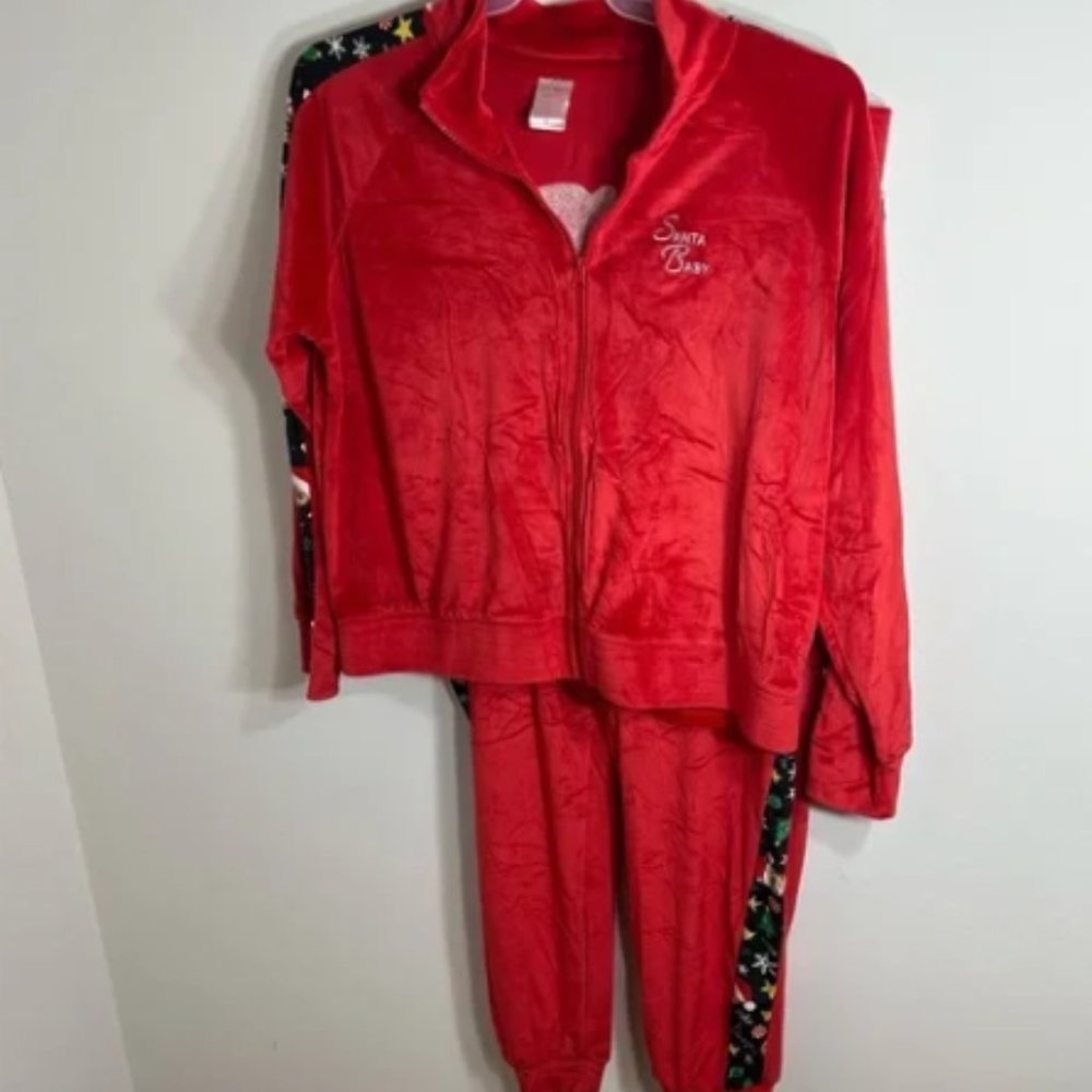 Cat Print Velour Christmas Track Suit Red Jacket Pants Full Zip